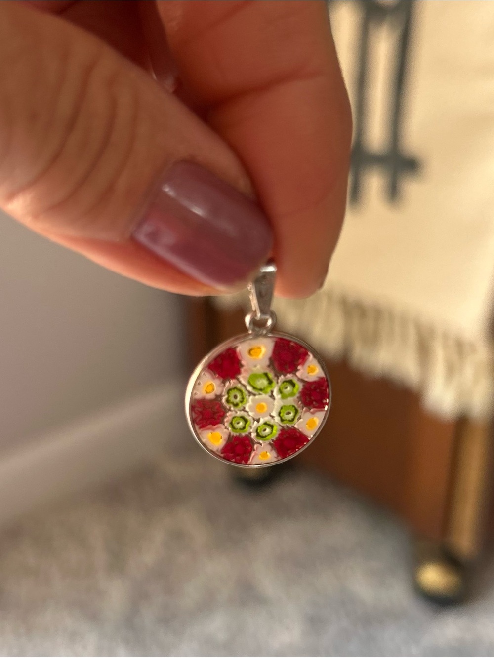 Vintage Antica Murrina Veneziana Green, Red Glass MILLEFIORI Pendant